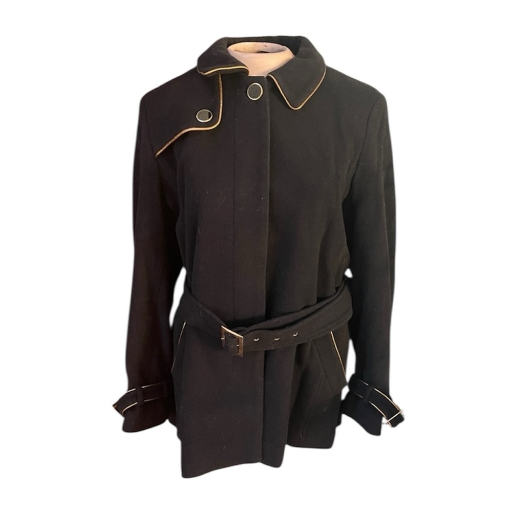 Women's Dennis Basso Black Wool Blend Trench Coat, Belted Waist and Epaulette